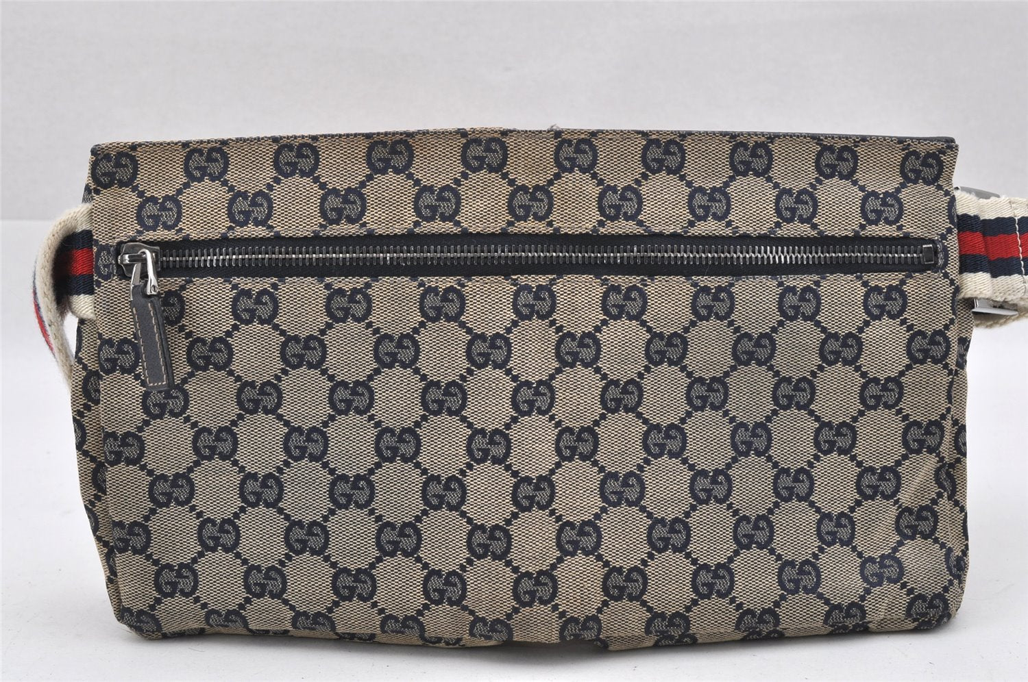 Authentic GUCCI Sherry Line Waist Bag GG Canvas Leather 28566 Navy Blue 7588I