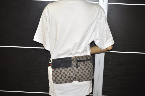 Authentic GUCCI Sherry Line Waist Bag GG Canvas Leather 28566 Navy Blue 7588I