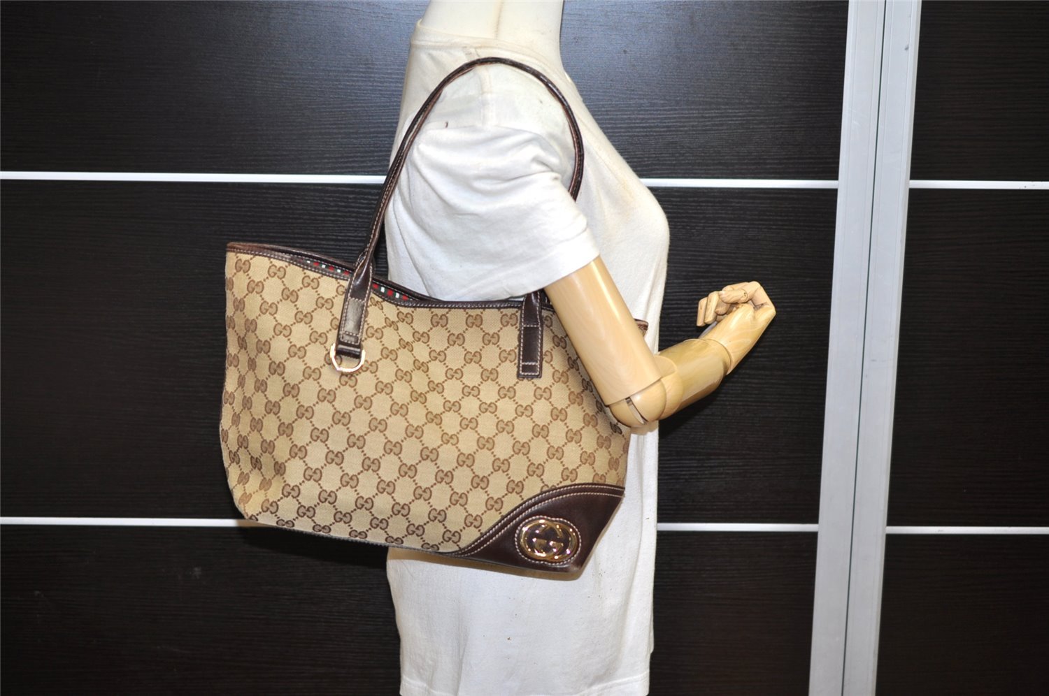 Authentic GUCCI New Britt Shoulder Tote Bag GG Canvas Leather 169946 Brown 7592K