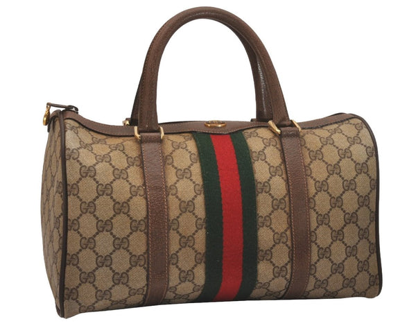 Authentic GUCCI Web Sherry Line Hand Boston Bag GG PVC Leather Brown Junk 7593J