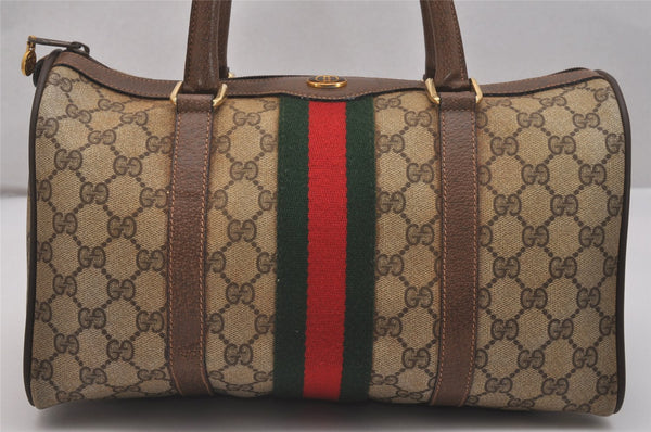 Authentic GUCCI Web Sherry Line Hand Boston Bag GG PVC Leather Brown Junk 7593J