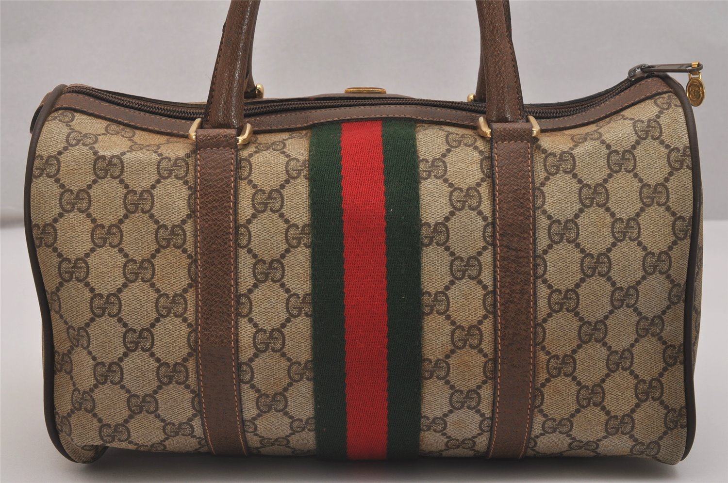 Authentic GUCCI Web Sherry Line Hand Boston Bag GG PVC Leather Brown Junk 7593J