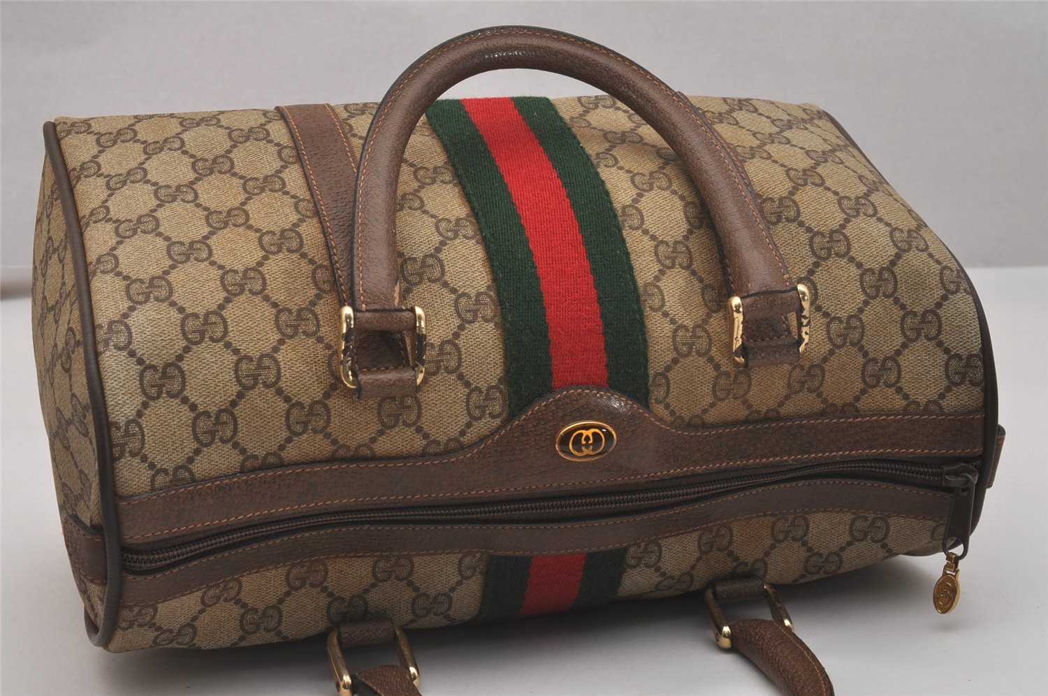 Authentic GUCCI Web Sherry Line Hand Boston Bag GG PVC Leather Brown Junk 7593J