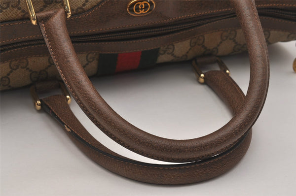 Authentic GUCCI Web Sherry Line Hand Boston Bag GG PVC Leather Brown Junk 7593J