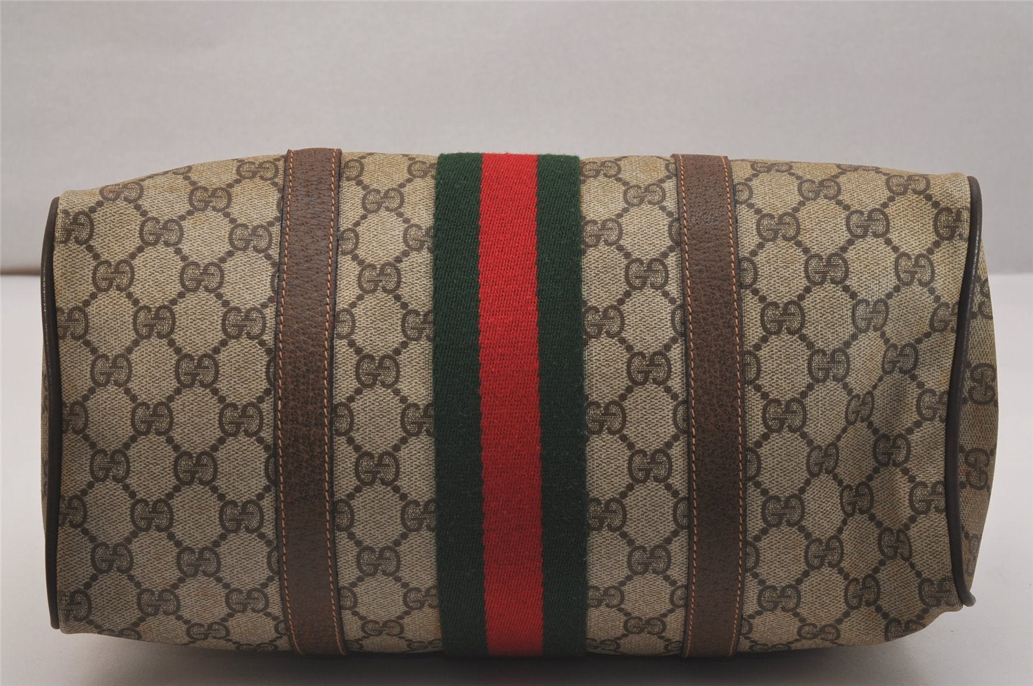 Authentic GUCCI Web Sherry Line Hand Boston Bag GG PVC Leather Brown Junk 7593J