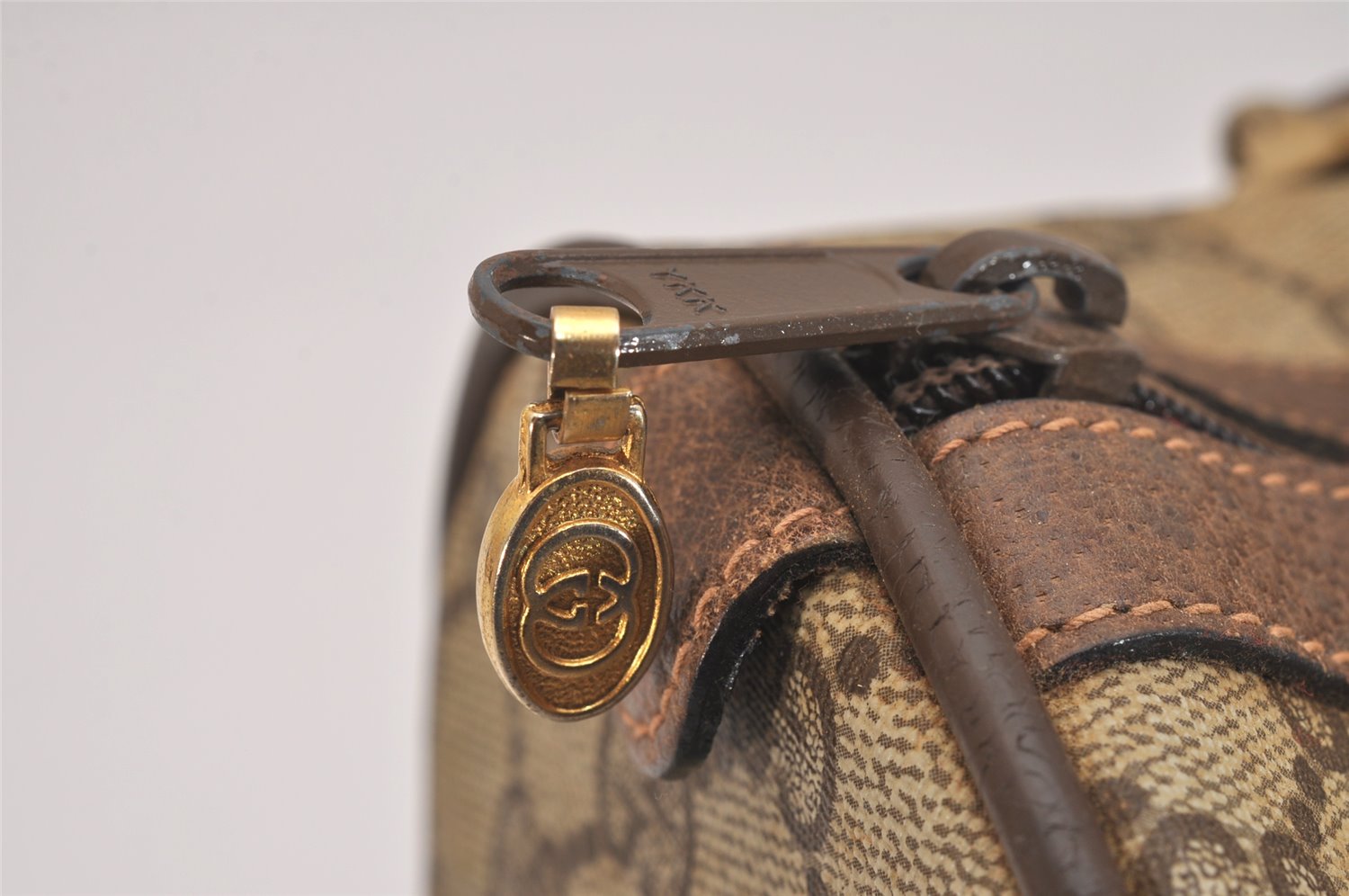 Authentic GUCCI Web Sherry Line Hand Boston Bag GG PVC Leather Brown Junk 7593J