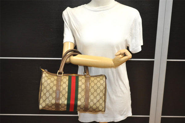 Authentic GUCCI Web Sherry Line Hand Boston Bag GG PVC Leather Brown Junk 7593J