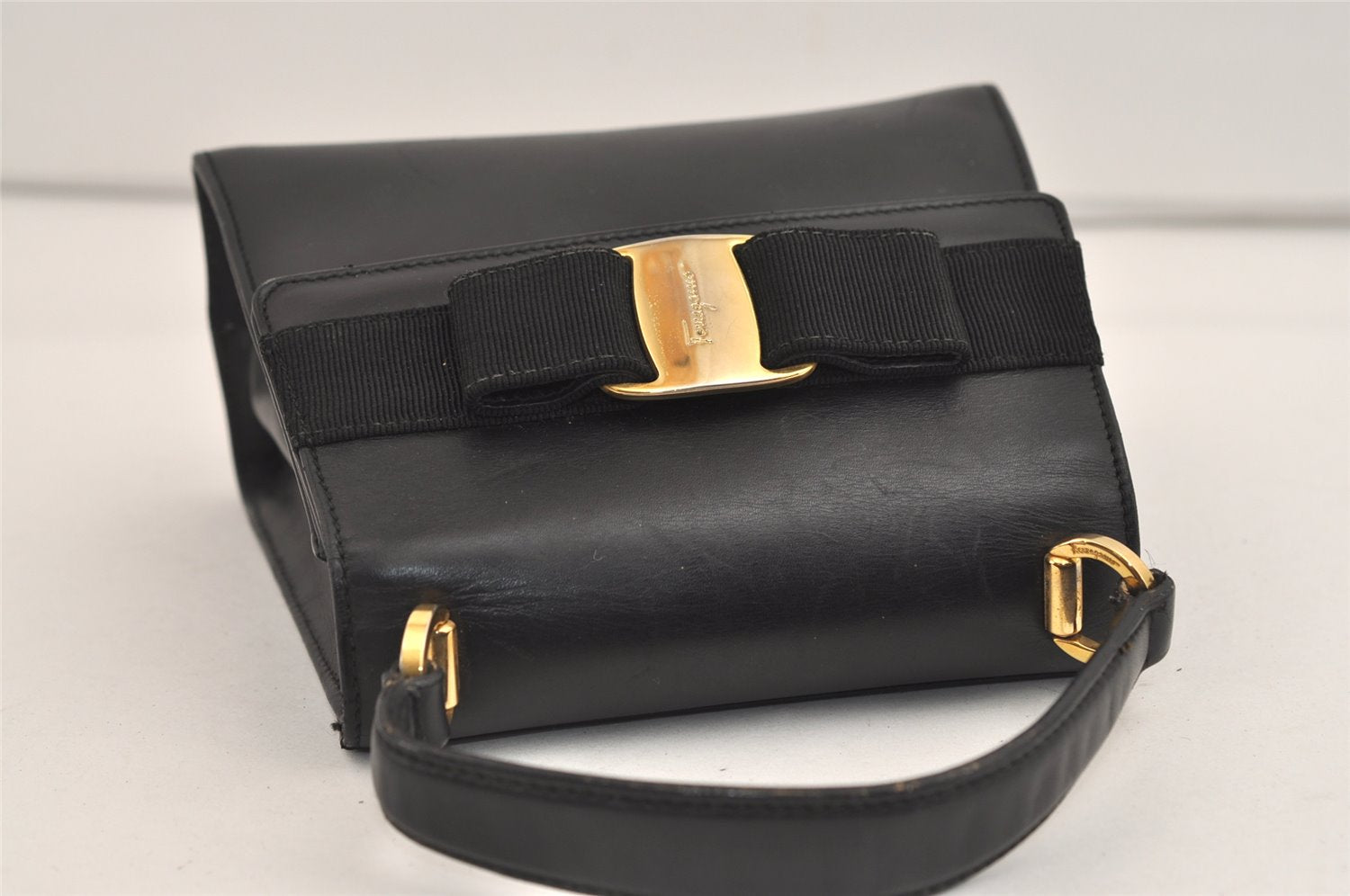 Authentic Salvatore Ferragamo Vara Ribbon Leather 2Way Hand Bag Black 7604J