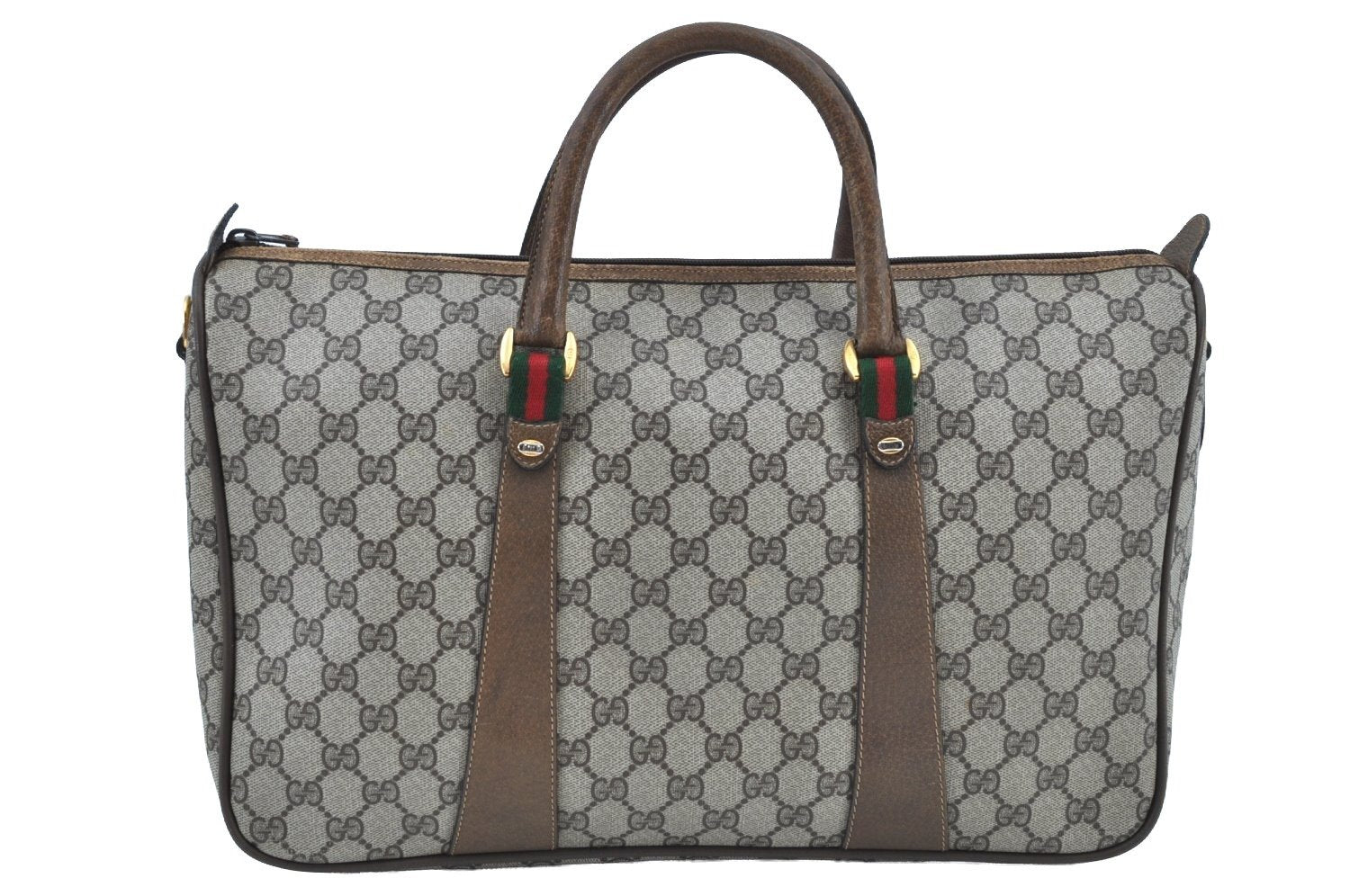 Authentic GUCCI Web Sherry Line 2Way Tote Hand Bag GG PVC Leather Brown 7606H
