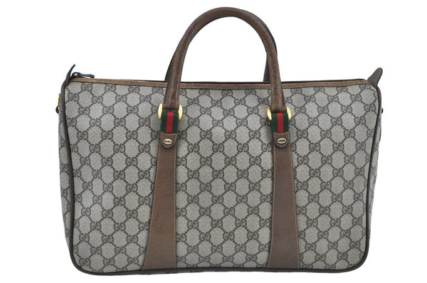 Authentic GUCCI Web Sherry Line 2Way Tote Hand Bag GG PVC Leather Brown 7606H