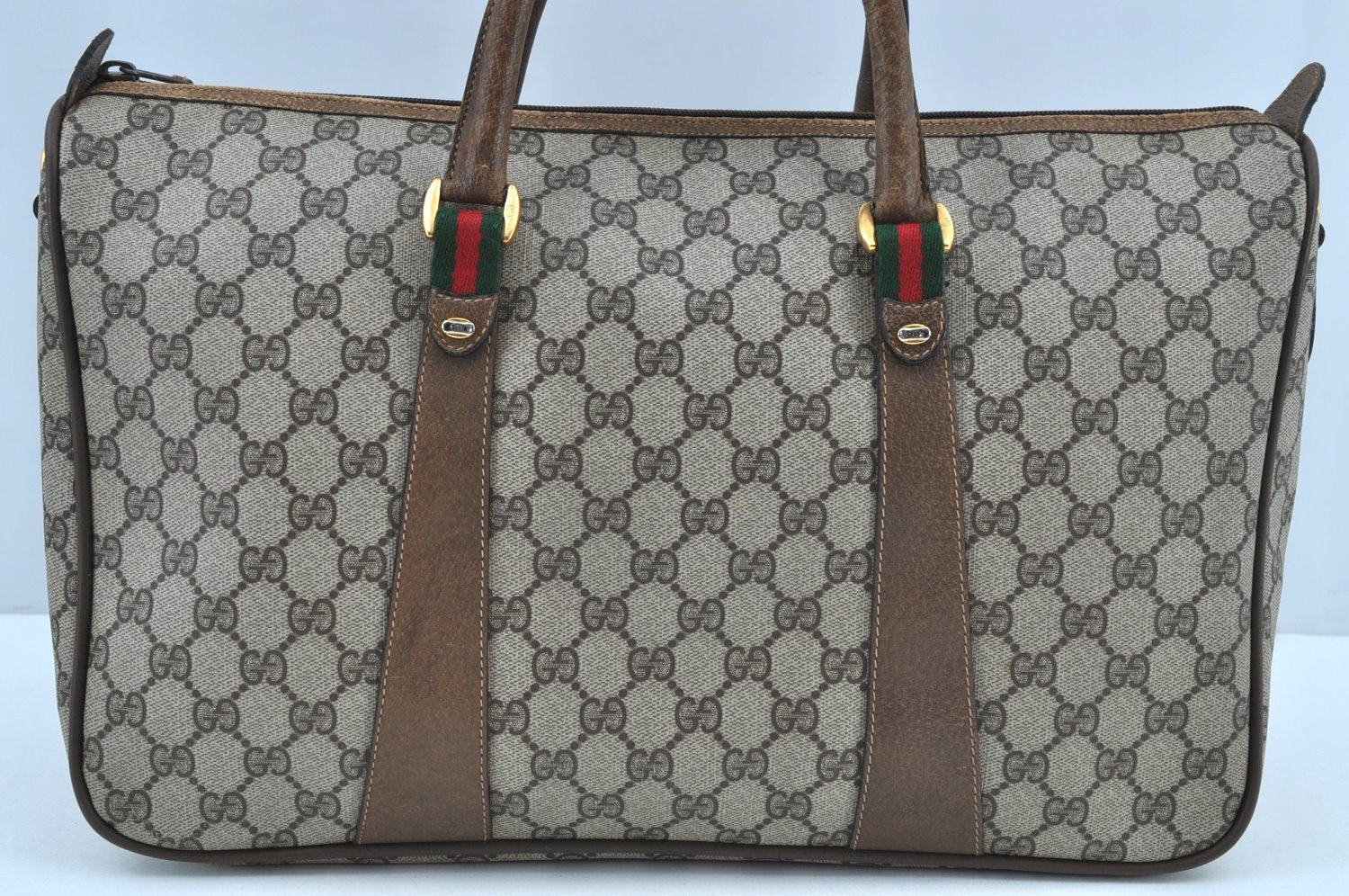 Authentic GUCCI Web Sherry Line 2Way Tote Hand Bag GG PVC Leather Brown 7606H
