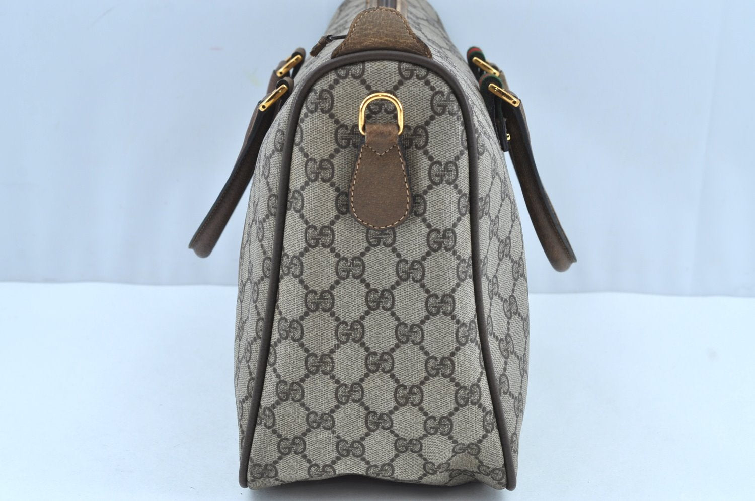 Authentic GUCCI Web Sherry Line 2Way Tote Hand Bag GG PVC Leather Brown 7606H