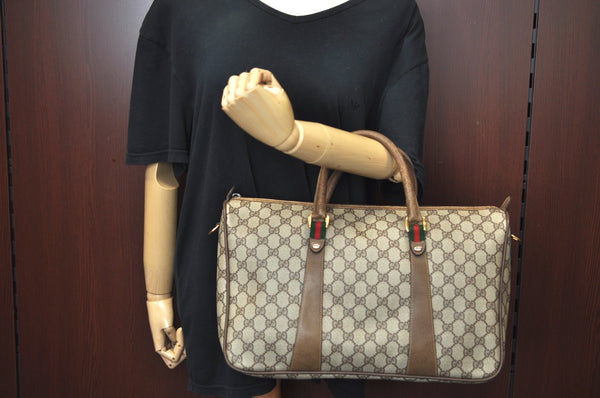 Authentic GUCCI Web Sherry Line 2Way Tote Hand Bag GG PVC Leather Brown 7606H