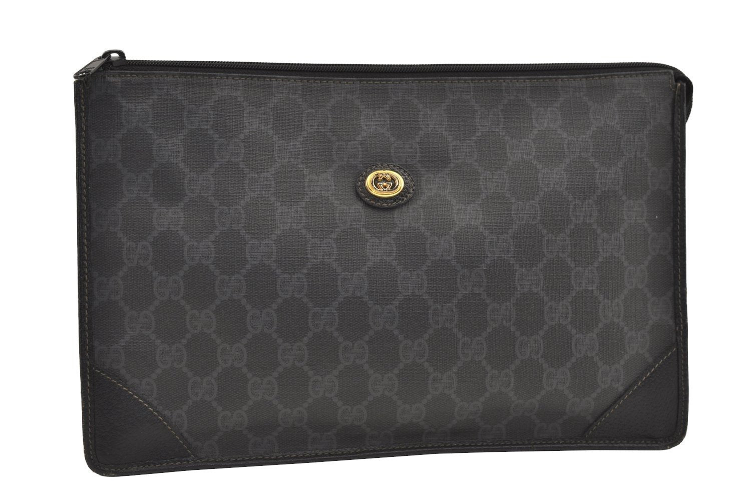 Authentic GUCCI Vintage Clutch Hand Bag Purse GG PVC Leather Black 7606J