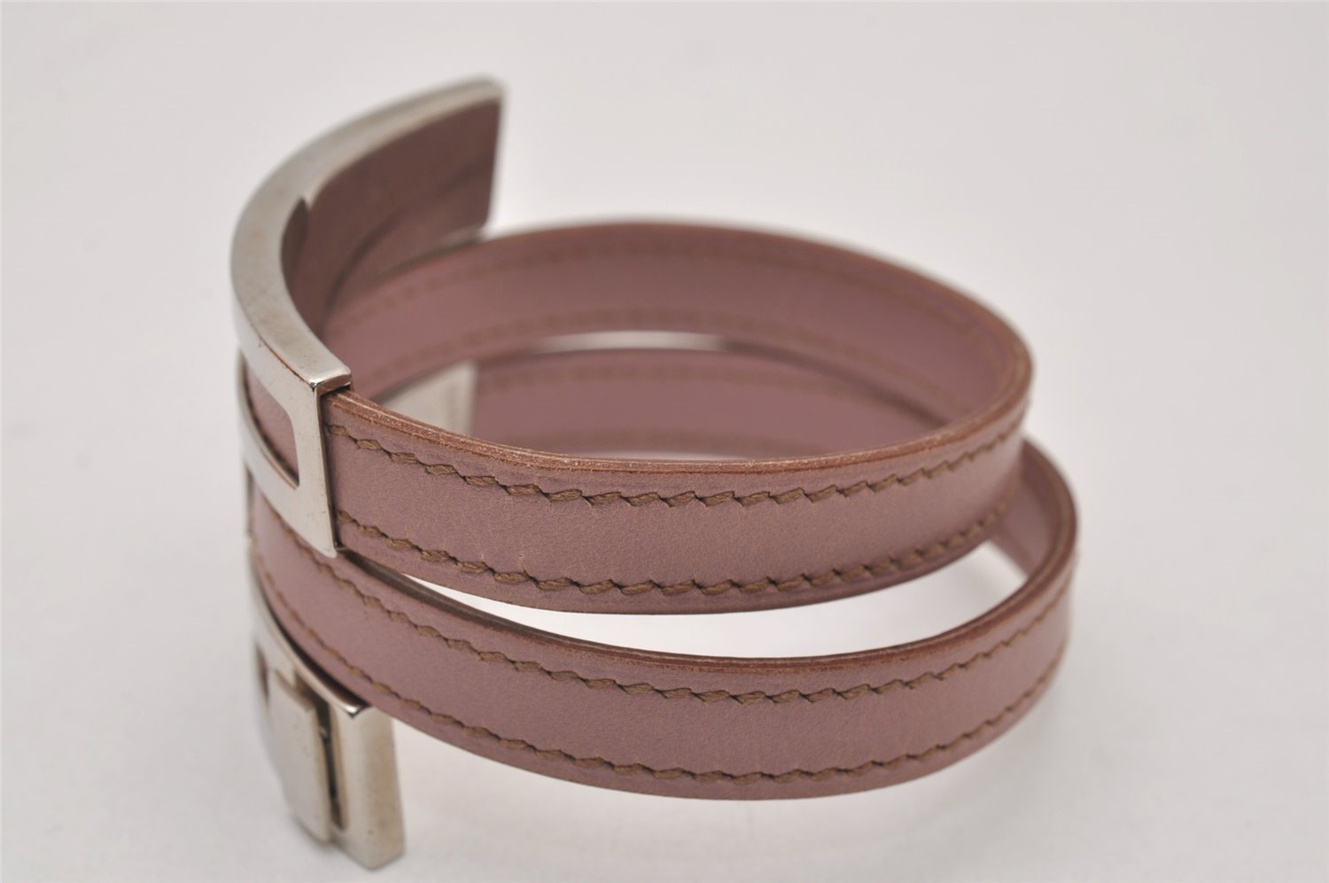 Authentic HERMES Puspus W H Logo Leather Bangle Pink Silver Box 7609I