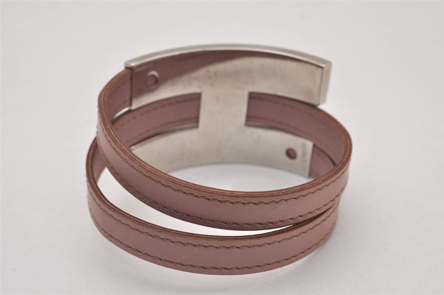 Authentic HERMES Puspus W H Logo Leather Bangle Pink Silver Box 7609I