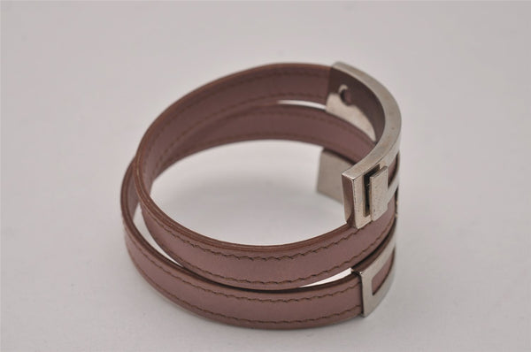 Authentic HERMES Puspus W H Logo Leather Bangle Pink Silver Box 7609I