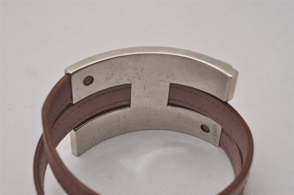 Authentic HERMES Puspus W H Logo Leather Bangle Pink Silver Box 7609I