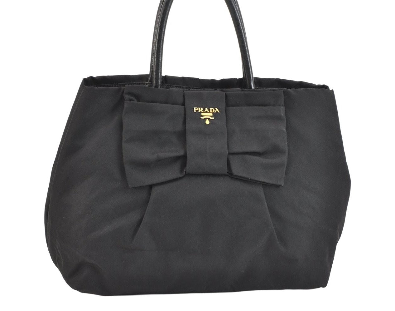 Authentic PRADA Tessuto Fiocco Ribbon Nylon Leather Hand Tote Bag Black 7620K