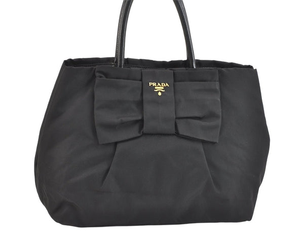 Authentic PRADA Tessuto Fiocco Ribbon Nylon Leather Hand Tote Bag Black 7620K