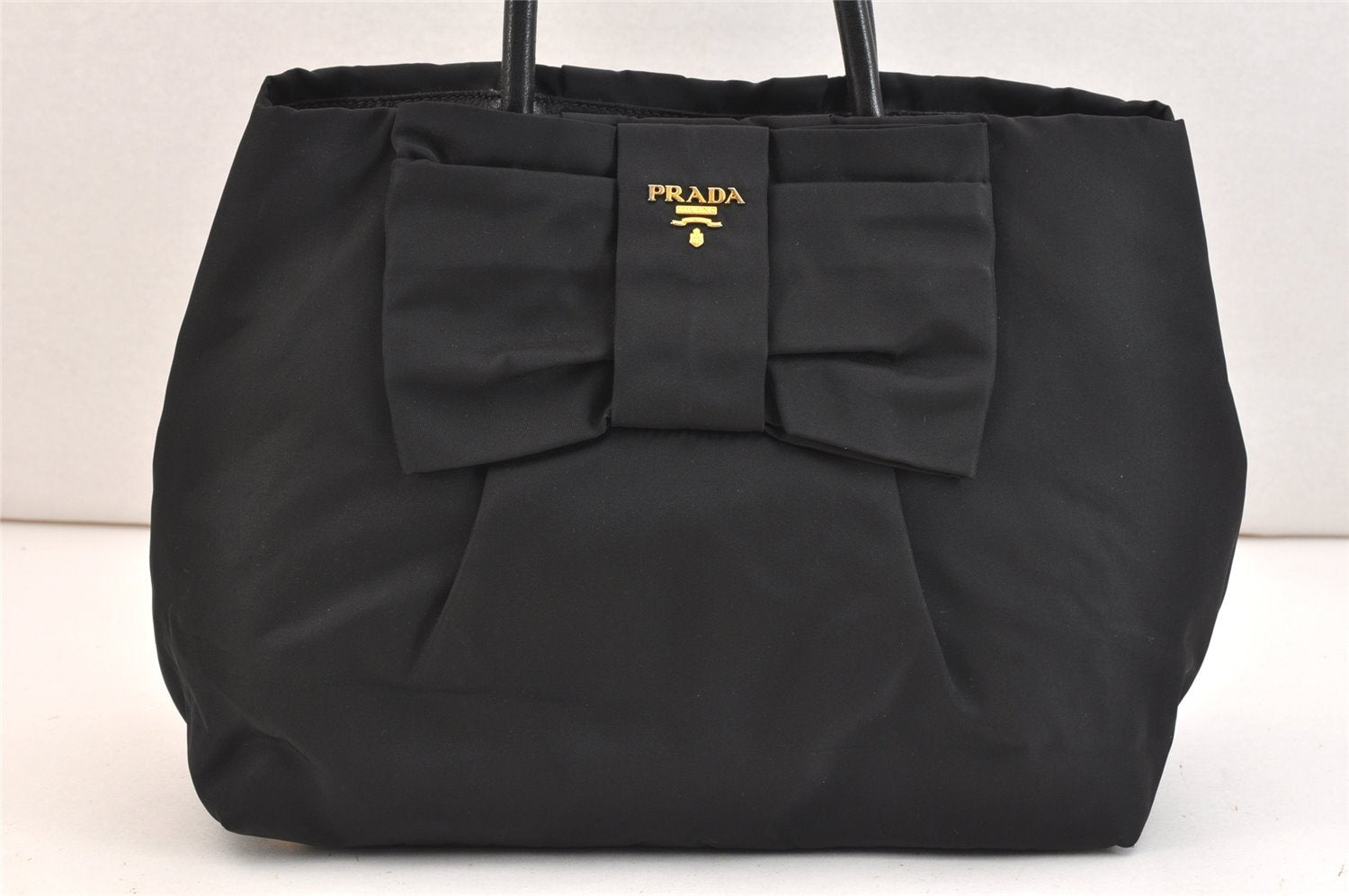 Authentic PRADA Tessuto Fiocco Ribbon Nylon Leather Hand Tote Bag Black 7620K