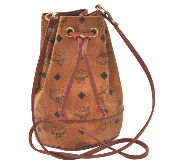 Authentic MCM Visetos Leather Vintage Shoulder Drawstring Bag Purse Brown 7623K