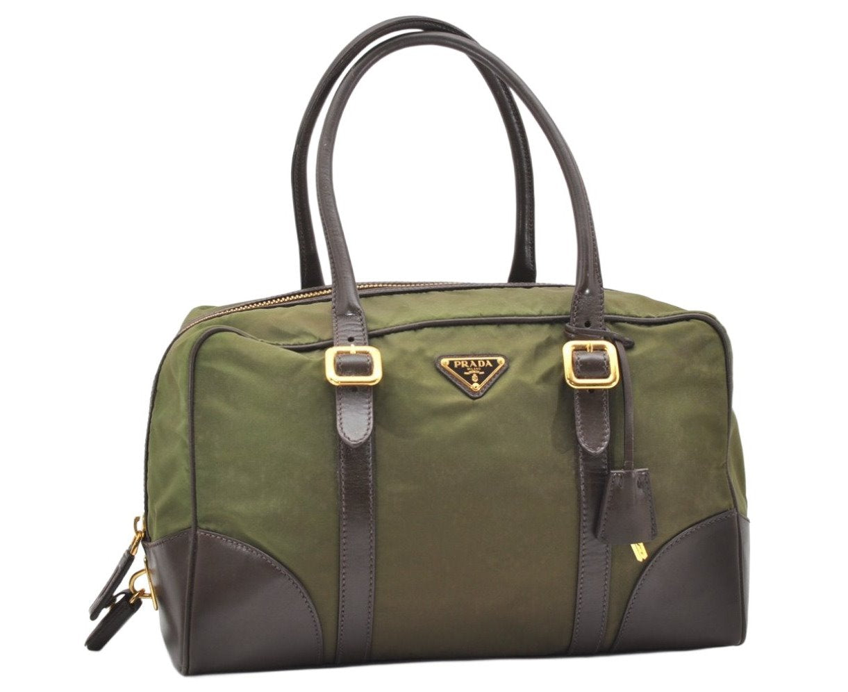 Authentic PRADA Nylon Tessuto Leather Shoulder Boston Bag Khaki Green 7632K