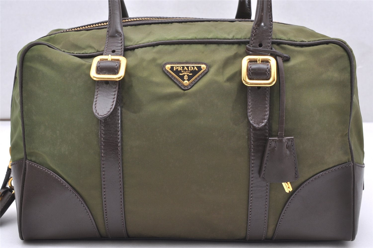 Authentic PRADA Nylon Tessuto Leather Shoulder Boston Bag Khaki Green 7632K