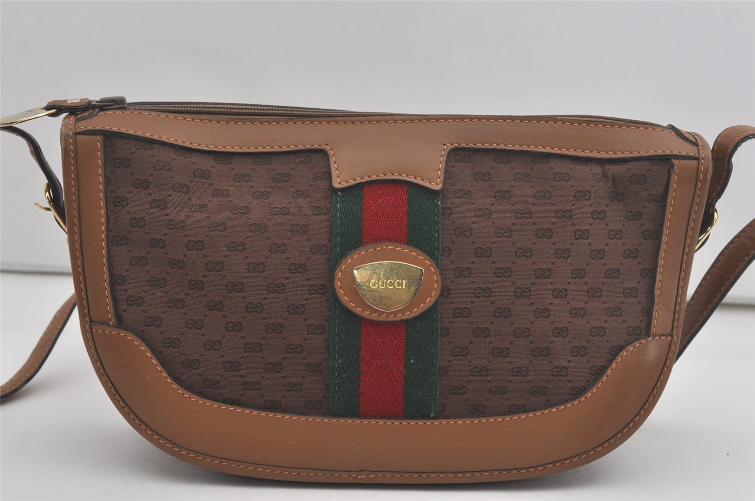 Authentic GUCCI Web Sherry Line Micro GG Shoulder Bag Canvas Leather Brown 7645I