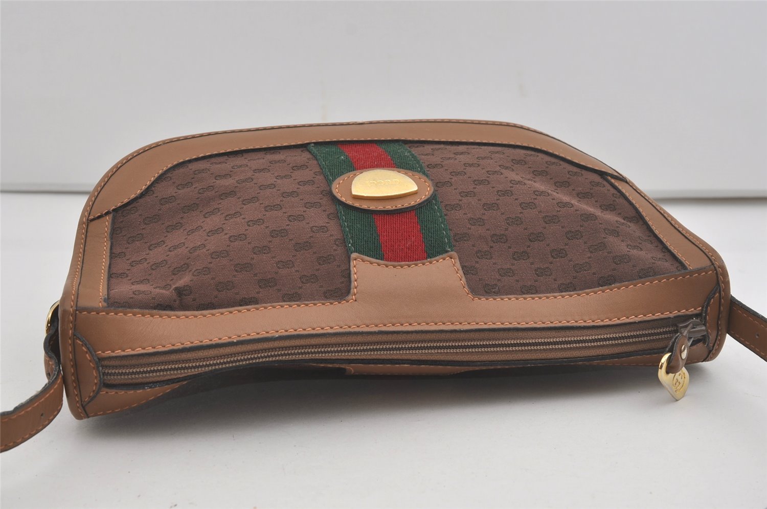 Authentic GUCCI Web Sherry Line Micro GG Shoulder Bag Canvas Leather Brown 7645I