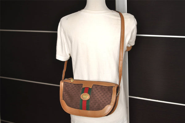Authentic GUCCI Web Sherry Line Micro GG Shoulder Bag Canvas Leather Brown 7645I