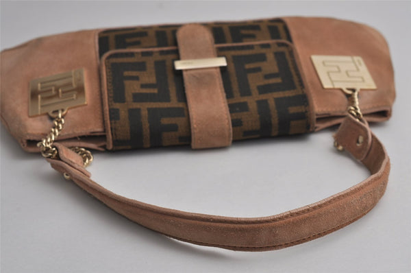 Authentic FENDI Zucca Chain Shoulder Bag Purse Suede Canvas Pink Brown 7649J