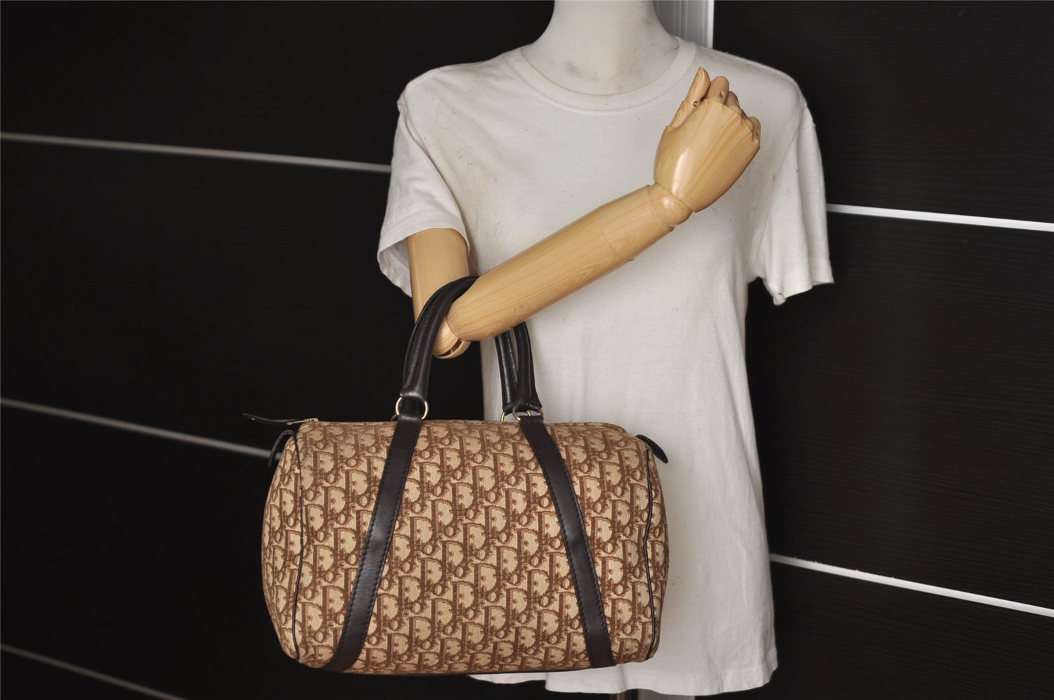 Authentic Christian Dior Trotter Hand Boston Bag Canvas Leather Brown 7653I