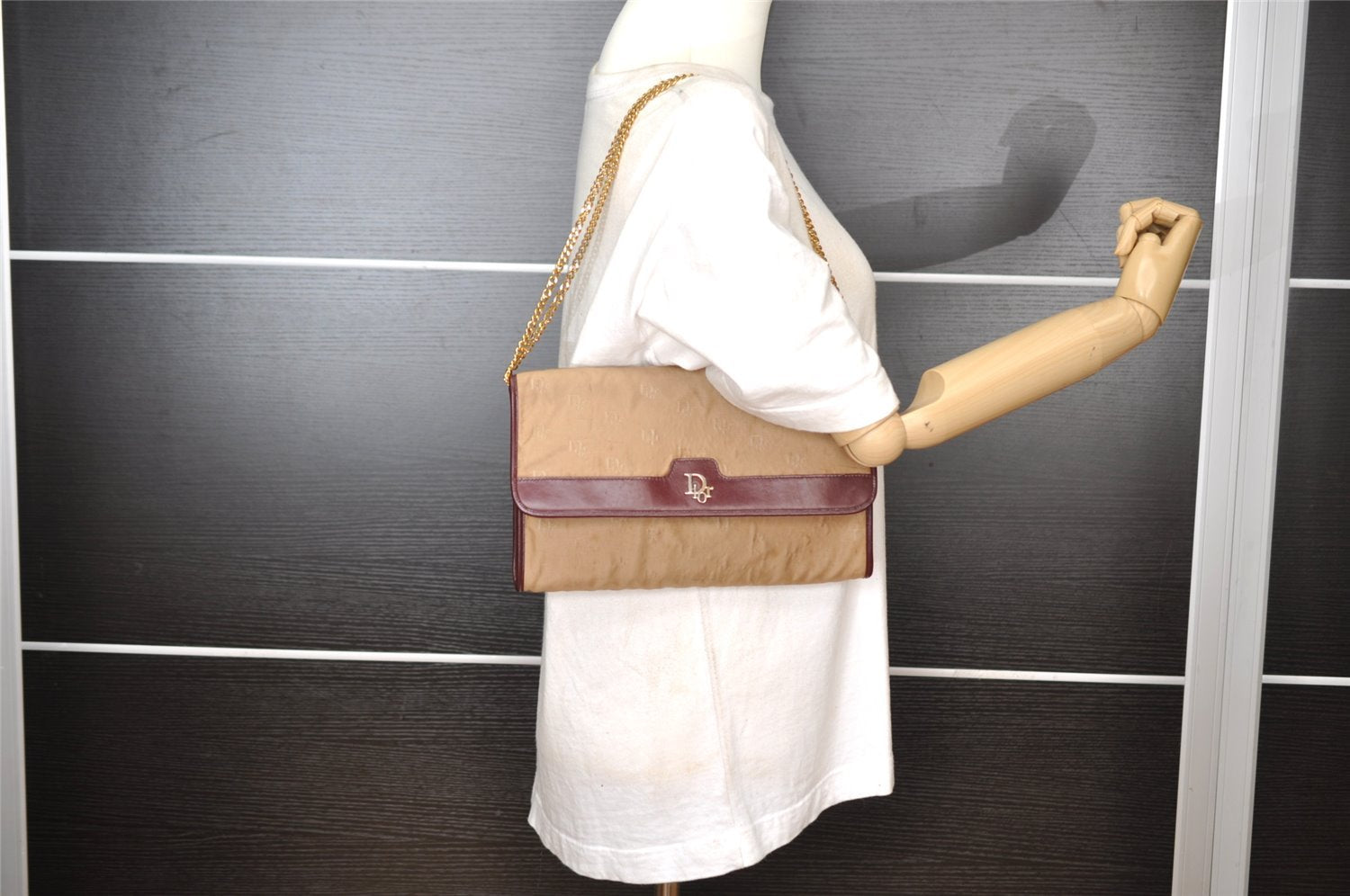 Authentic Christian Dior Chain Shoulder Hand Bag Purse Nylon Leather Beige 7654I