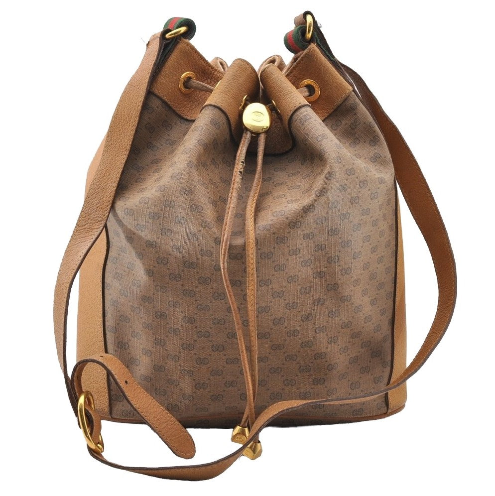 Auth GUCCI Web Sherry Line Micro GG PVC Leather Drawstring Bag Brown Junk 7655I