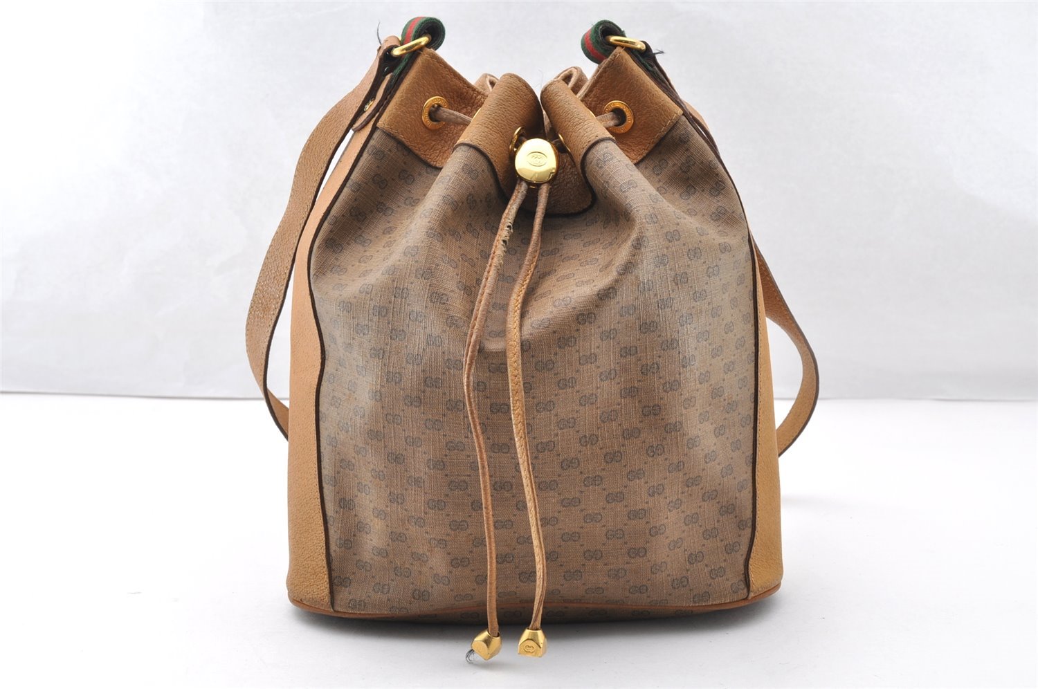 Auth GUCCI Web Sherry Line Micro GG PVC Leather Drawstring Bag Brown Junk 7655I