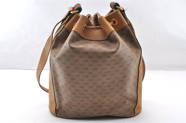 Auth GUCCI Web Sherry Line Micro GG PVC Leather Drawstring Bag Brown Junk 7655I