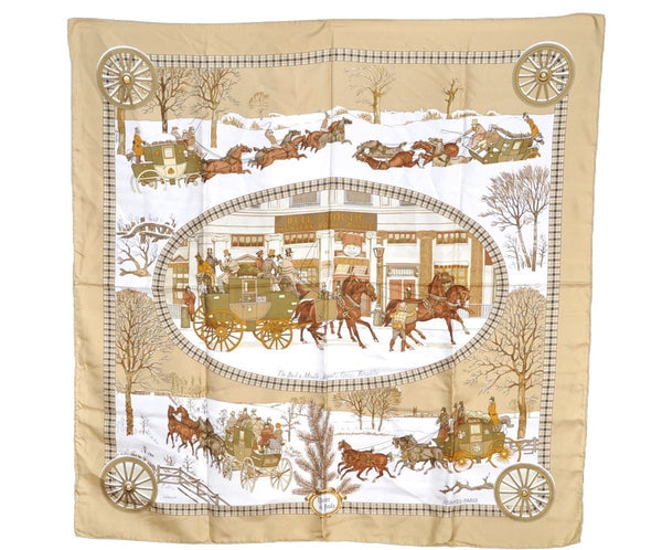 Authentic HERMES Carre 90 Scarf "L' Hiver en Poste" Silk Beige 7664I