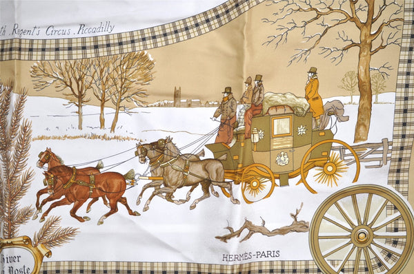 Authentic HERMES Carre 90 Scarf "L' Hiver en Poste" Silk Beige 7664I