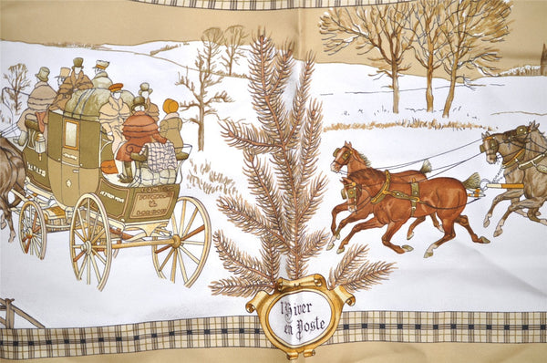 Authentic HERMES Carre 90 Scarf "L' Hiver en Poste" Silk Beige 7664I