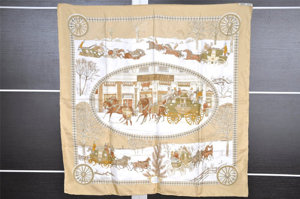 Authentic HERMES Carre 90 Scarf "L' Hiver en Poste" Silk Beige 7664I