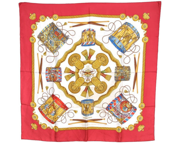 Authentic HERMES Carre 90 Scarf "LES TAMBOURS" Silk Red 7666I