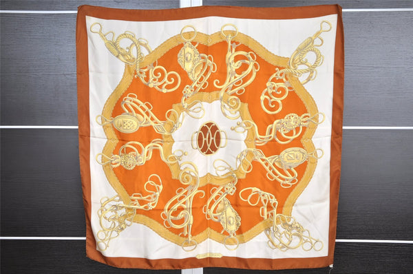 Authentic HERMES Carre 90 Scarf "Lift Profile" Silk Brown 7668I