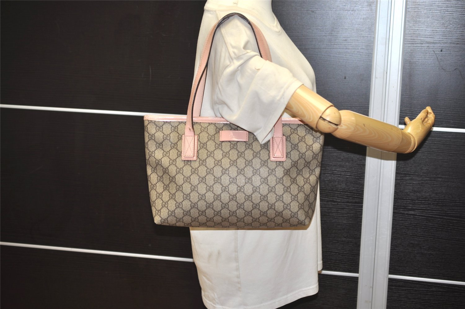 Authentic GUCCI Vintage Shoulder Tote Bag GG PVC Enamel 211138 Brown Pink 7669J