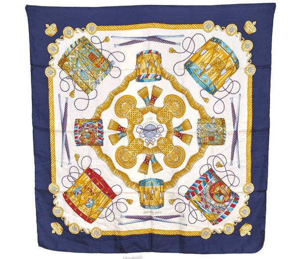 Authentic HERMES Carre 90 Scarf "LES TAMBOURS" Silk Navy Blue 7673I