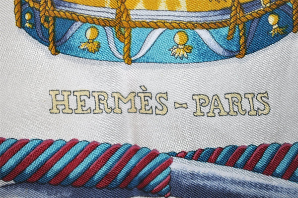 Authentic HERMES Carre 90 Scarf "LES TAMBOURS" Silk Navy Blue 7673I