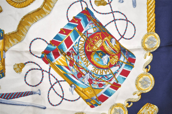 Authentic HERMES Carre 90 Scarf "LES TAMBOURS" Silk Navy Blue 7673I