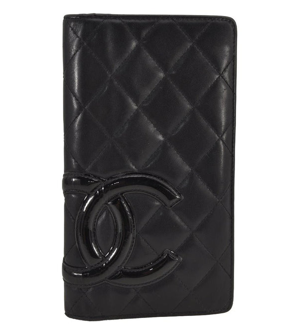 Authentic CHANEL Calf Skin Cambon Line CC Logo Bifold Long Wallet Black 7682J