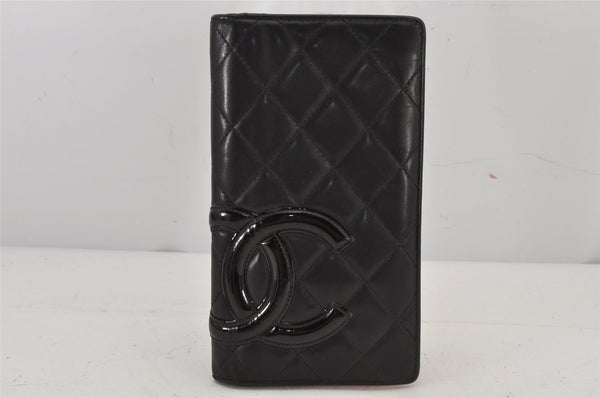 Authentic CHANEL Calf Skin Cambon Line CC Logo Bifold Long Wallet Black 7682J