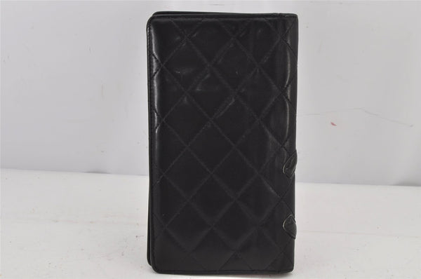 Authentic CHANEL Calf Skin Cambon Line CC Logo Bifold Long Wallet Black 7682J